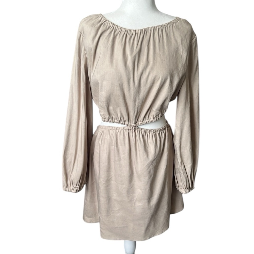 NWT Gianni Bini Linen Blend Cutout Open Back Mini Dress Tan Size 12